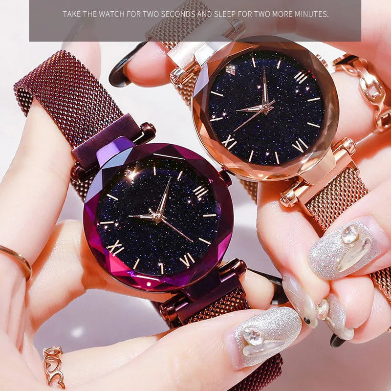 Reloj de lujo para mujer, diseño de cielo estrellado, con correa de malla magnética, reloj de pulsera de moda para mujer