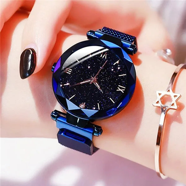 Reloj de lujo para mujer, diseño de cielo estrellado, con correa de malla magnética, reloj de pulsera de moda para mujer