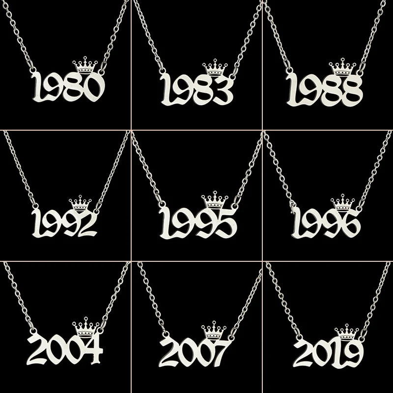 Collares de acero inoxidable con número de año para mujer, tiaras de cumpleaños con fecha única, corona, año 1984, 1999, 1996, 1997 y 2002, gargantilla de regalo