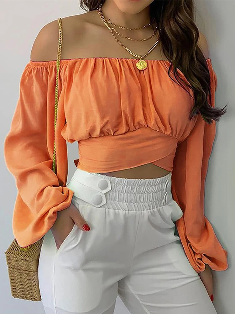 Blusa con hombros descubiertos para mujer, elegante con estampado
