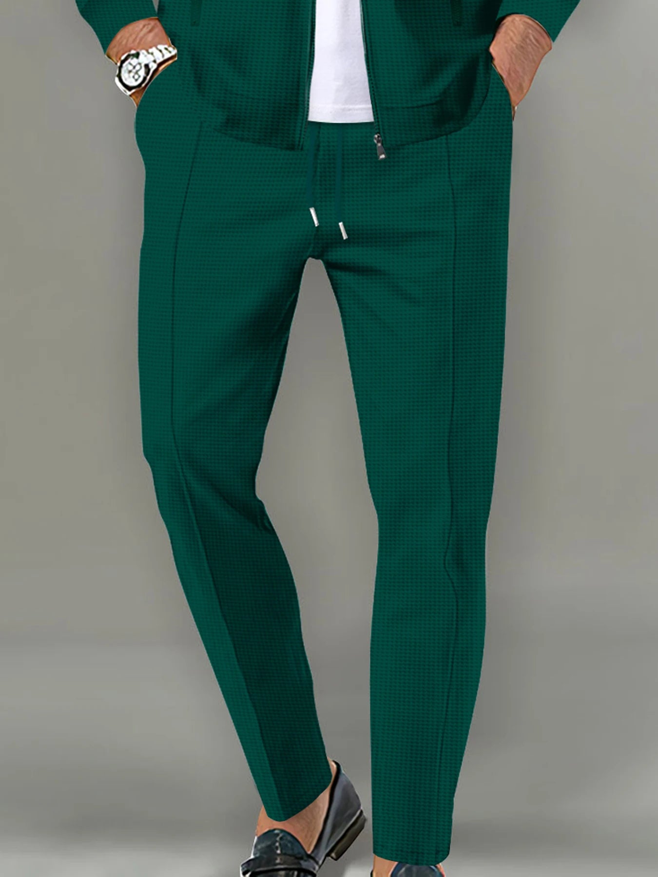 Pantalones largos de tela tipo gofre de tiro medio para hombre, pantalones elegantes y ligeros, adecuados para todas las estaciones