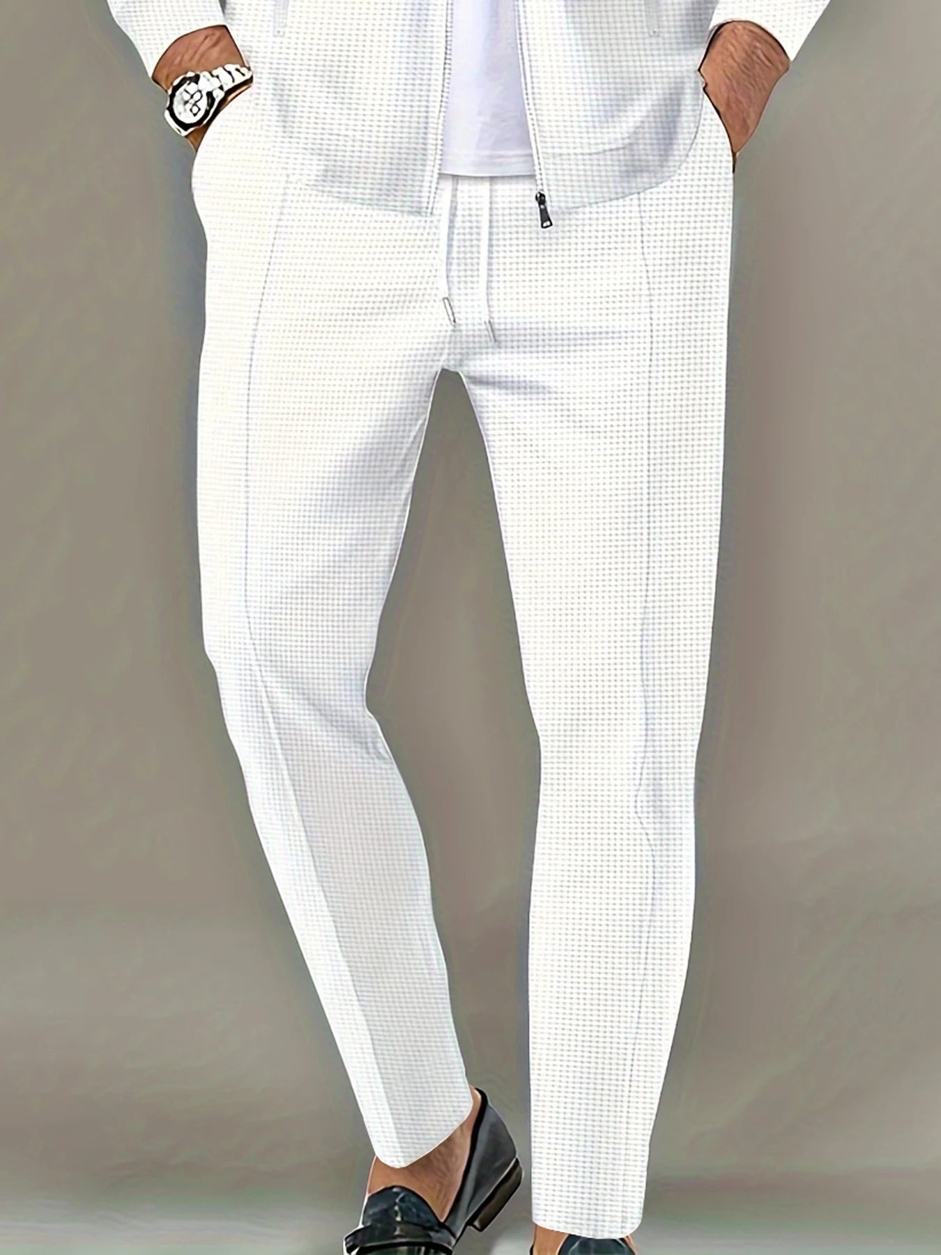 Pantalones largos de tela tipo gofre de tiro medio para hombre, pantalones elegantes y ligeros, adecuados para todas las estaciones