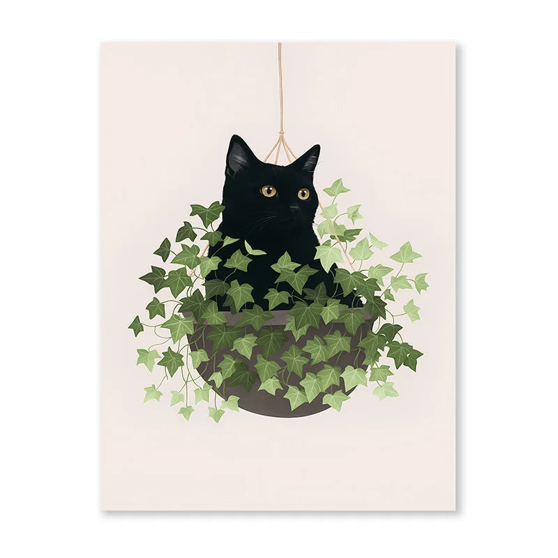 Impresiones artísticas de pared botánicas de gato negro, hojas verdes, plantas, póster bohemio, pinturas decorativas, decoración del hogar para dormitorio y sala de estar
