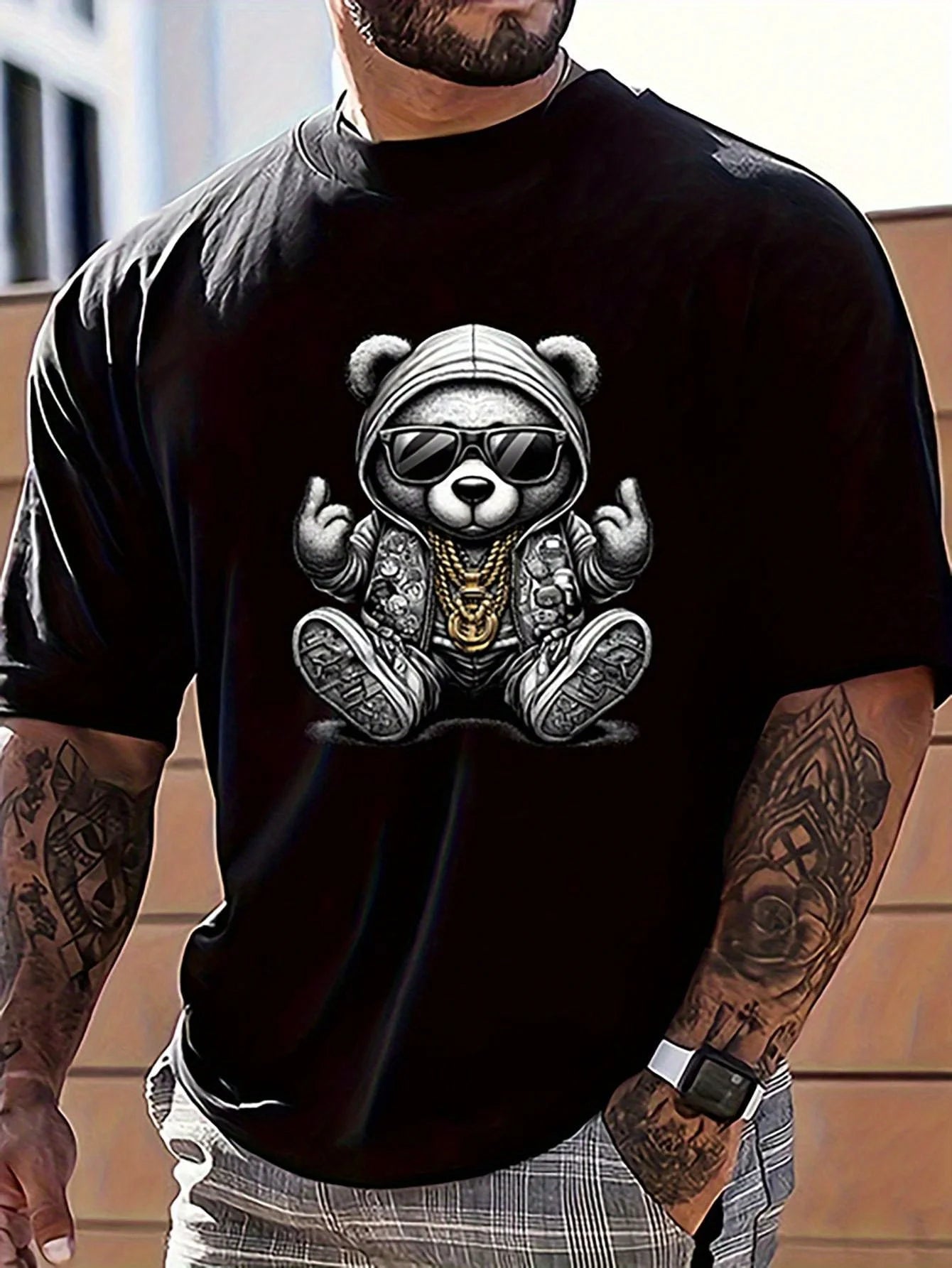 Camiseta de verano para hombre, informal, de cuello redondo, con estampado de oso de dibujos animados, de manga corta, moderna y cómoda.