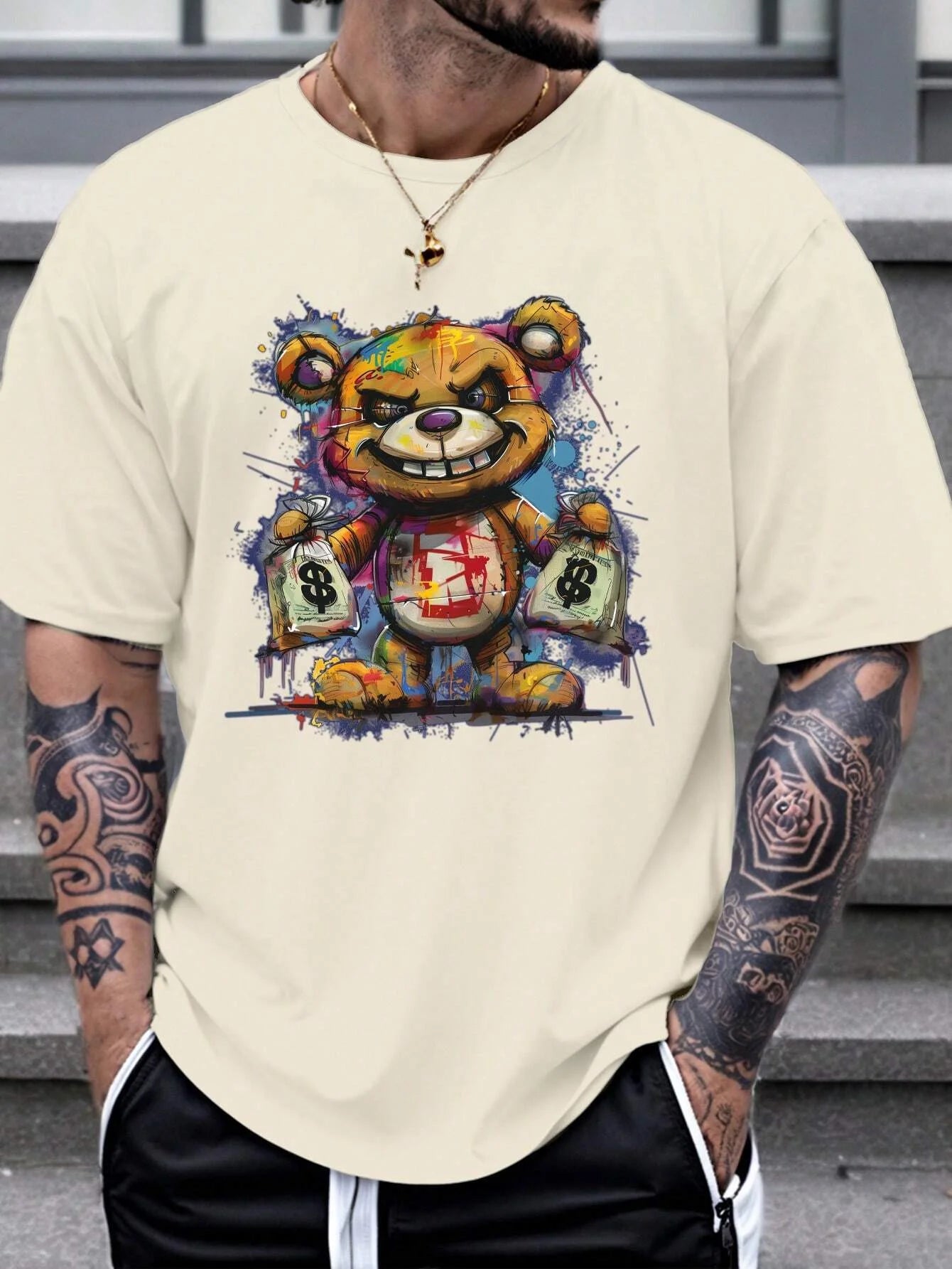 Camiseta deportiva informal de manga corta con cuello redondo y estampado para hombre