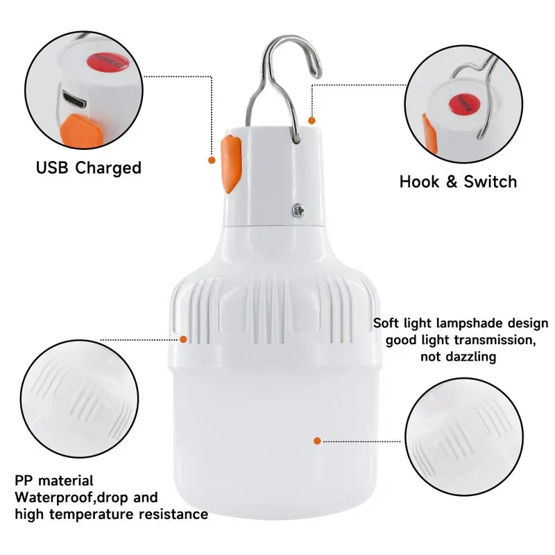 Bombillas LED recargables por USB para exteriores, luz de emergencia de alto brillo, para acampar, pescar, linterna portátil, luces nocturnas