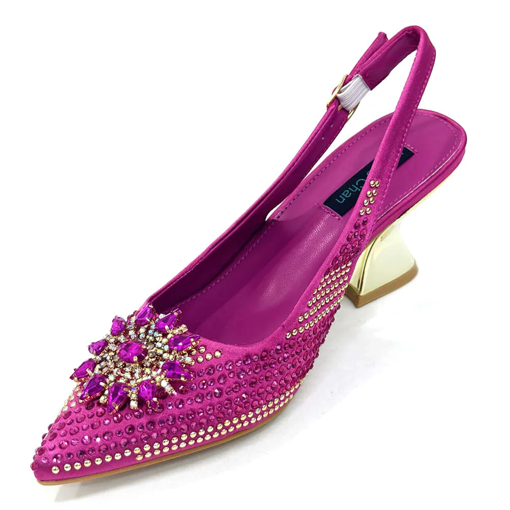 zapatos italianos para mujer y bolso, conjunto de Color fucsia, tacones altos cómodos con diamantes de imitación