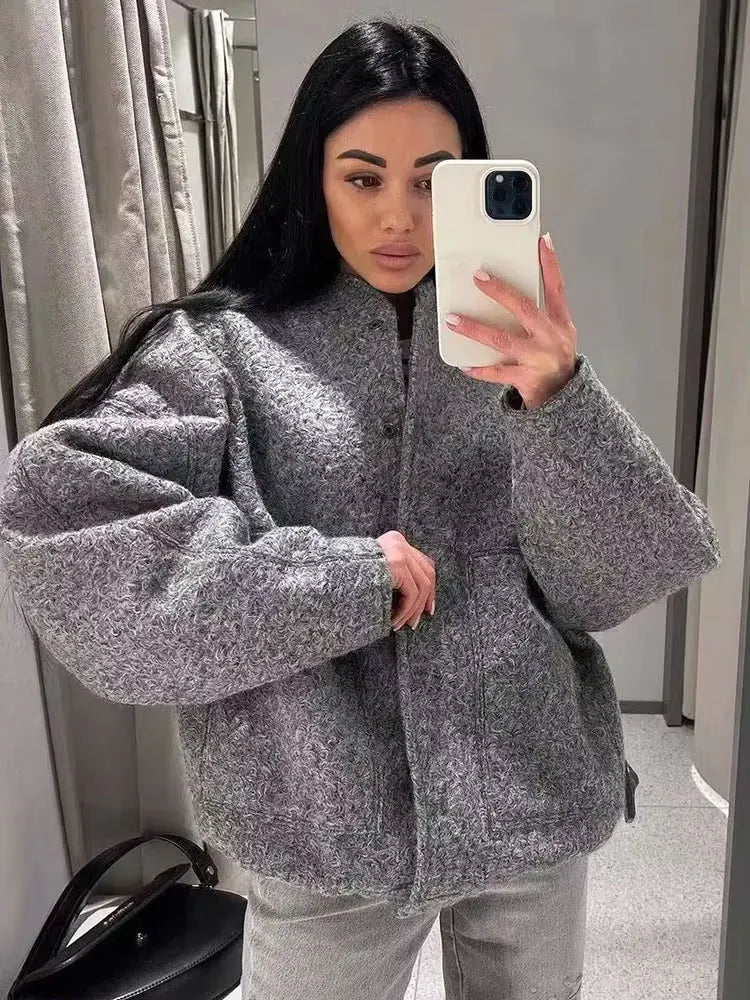 Chaqueta Bomber de gran tamaño con bolsillos para mujer, abrigo Vintage de manga larga con botón a presión, prendas de vestir exteriores para mujer, Tops elegantes