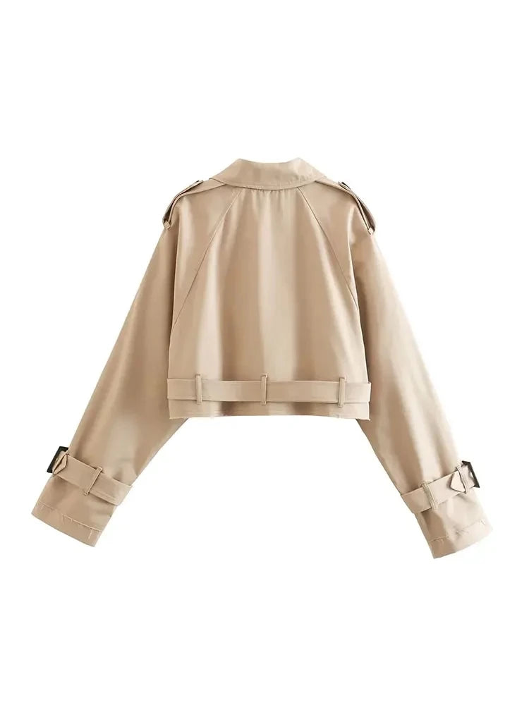 Gabardina recortada con cinturón para mujer, chaqueta de primavera, ropa de calle Vintage, Top de manga larga con doble botonadura, trajes de abrigo para mujer