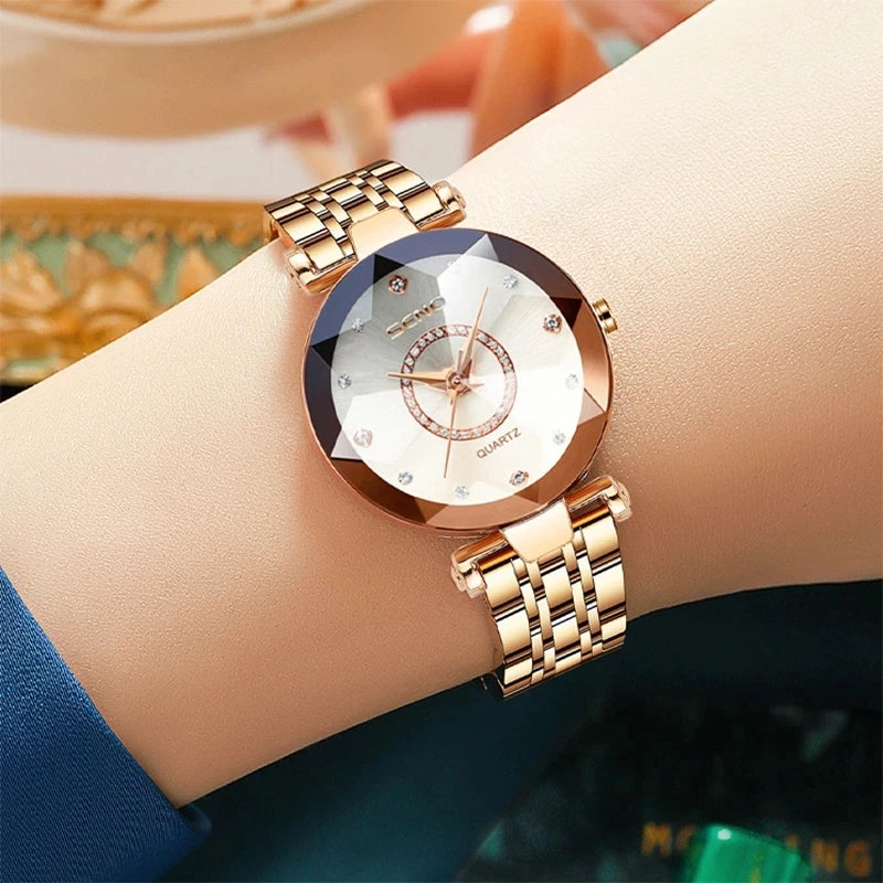 Reloj de cristal para mujer, marca superior de lujo, oro rosa, pulsera, femenino