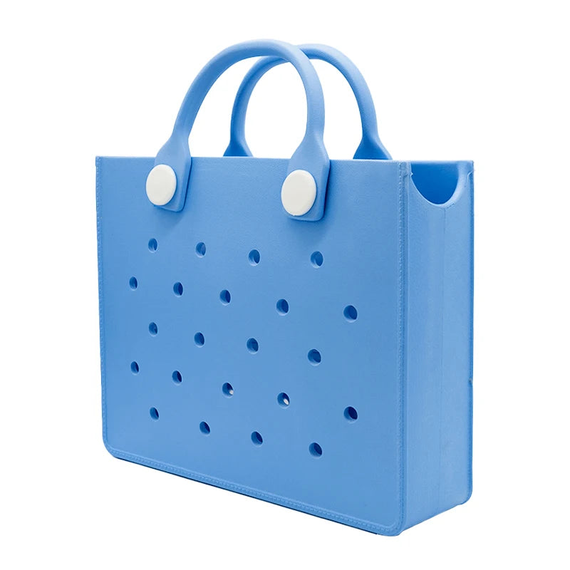 Bolso de mano morado con perforaciones para mujer, informal, impermeable, para viajes, con abalorios, para playa y exteriores.