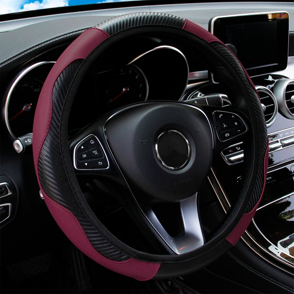 Funda para volante de coche de cuero de fibra de carbono PU sin anillo interior, apta para accesorios de automoción de 14,5 a 15 pulgadas