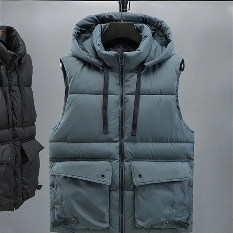 Chaleco con capucha para hombre, chaleco cálido con cuello levantado y cremallera para invierno, chaquetas sin mangas acolchadas de algodón con bolsillos grandes