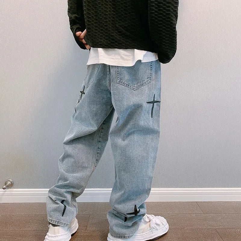 Pantalones Cargo de holgados informales rectos a la moda Vintage para novio, pantalones vaqueros con estampado de estrellas para hombre, ropa de calle, pantalones vaqueros de pierna ancha holgados