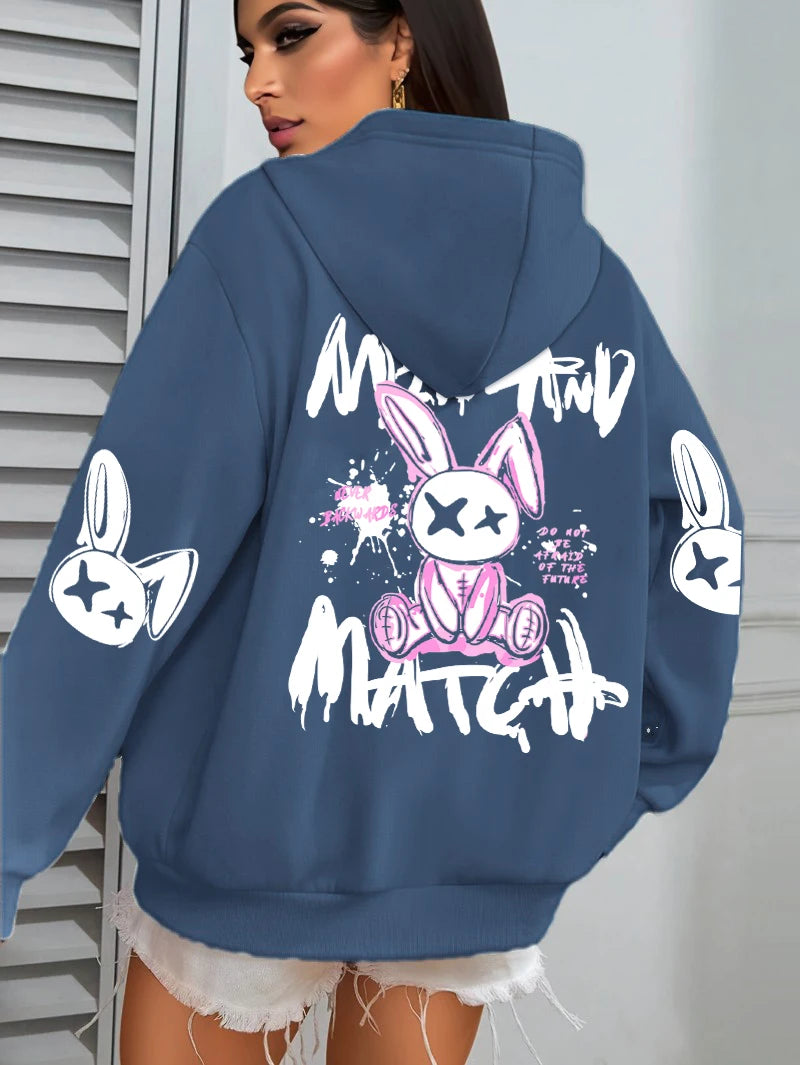 Sudadera con capucha con estampado de conejo de dibujos animados para mujer, ropa informal con bolsillo, Sudadera holgada , ropa femenina de lana que combina con todo