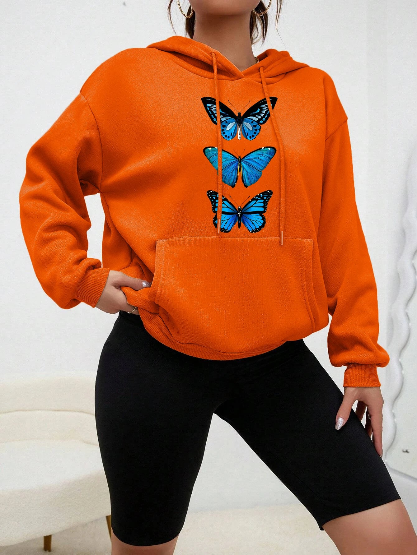 Sudadera con capucha con estampado de mariposa creativa para mujer, sudadera informal de calle, Sudadera con capucha de lana a la moda