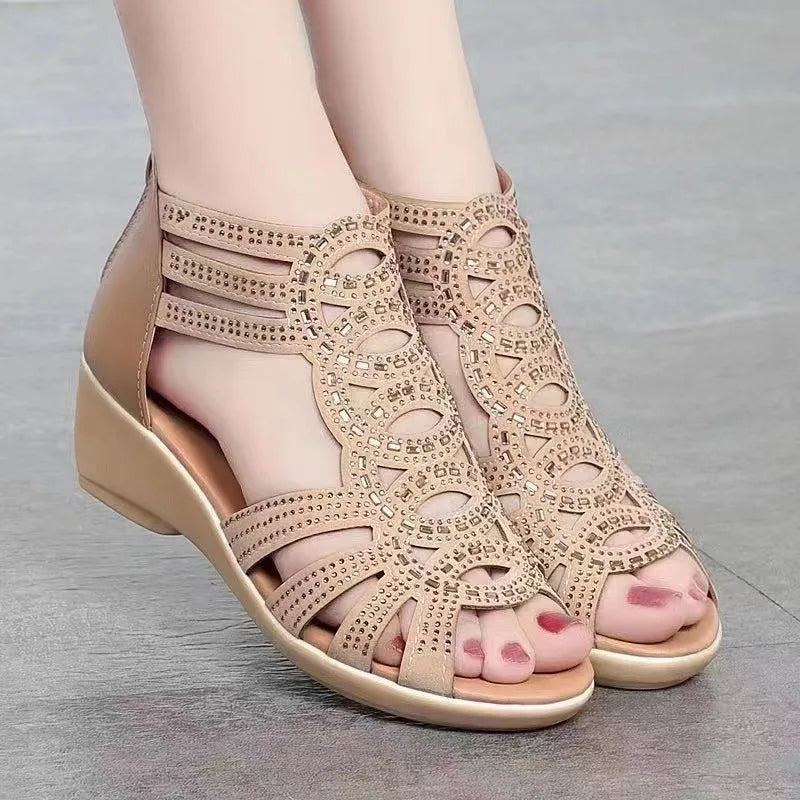 Sandalias romanas de cuero suave para mujer, zapatos de cuña con suela suave, informales, de diseñador, de moda