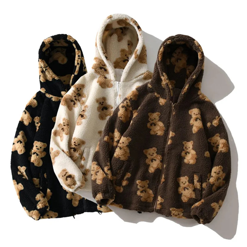 Chaqueta de felpa con estampado en forma de corazón Harajuku para mujer, abrigo coreano de manga larga con capucha, ropa de calle gruesa y cálida para parejas, invierno