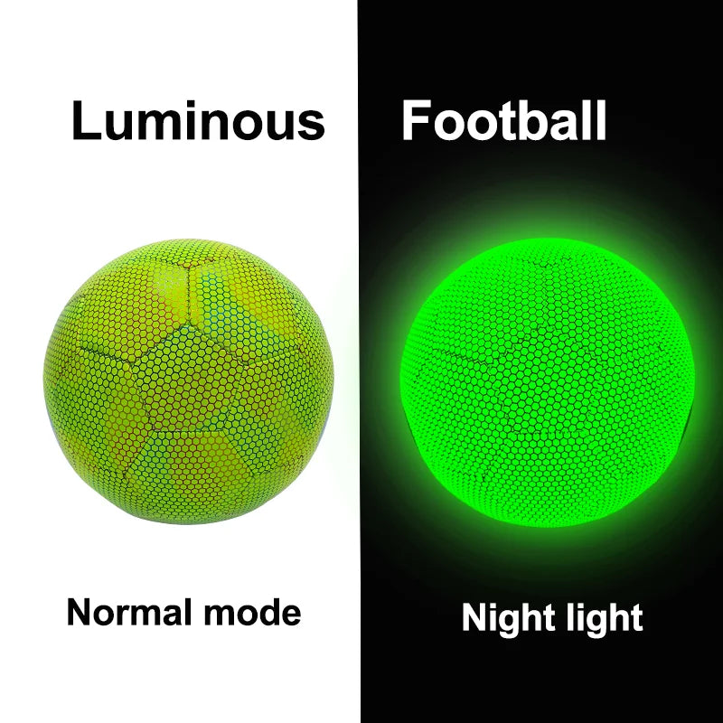 Balón de fútbol luminoso tamaño 5, profesional, de piel sintética, reflectante, con diseño que brilla en la oscuridad, para jugar en interiores y exteriores.