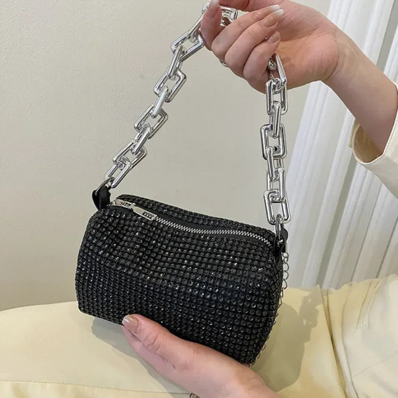 Bolso tipo cubo con diamantes de imitación, bolso de fiesta con cadena brillante, mini bolso cruzado para mujer