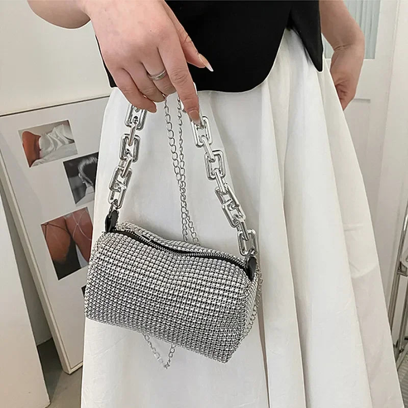 Bolso tipo cubo con diamantes de imitación, bolso de fiesta con cadena brillante, mini bolso cruzado para mujer