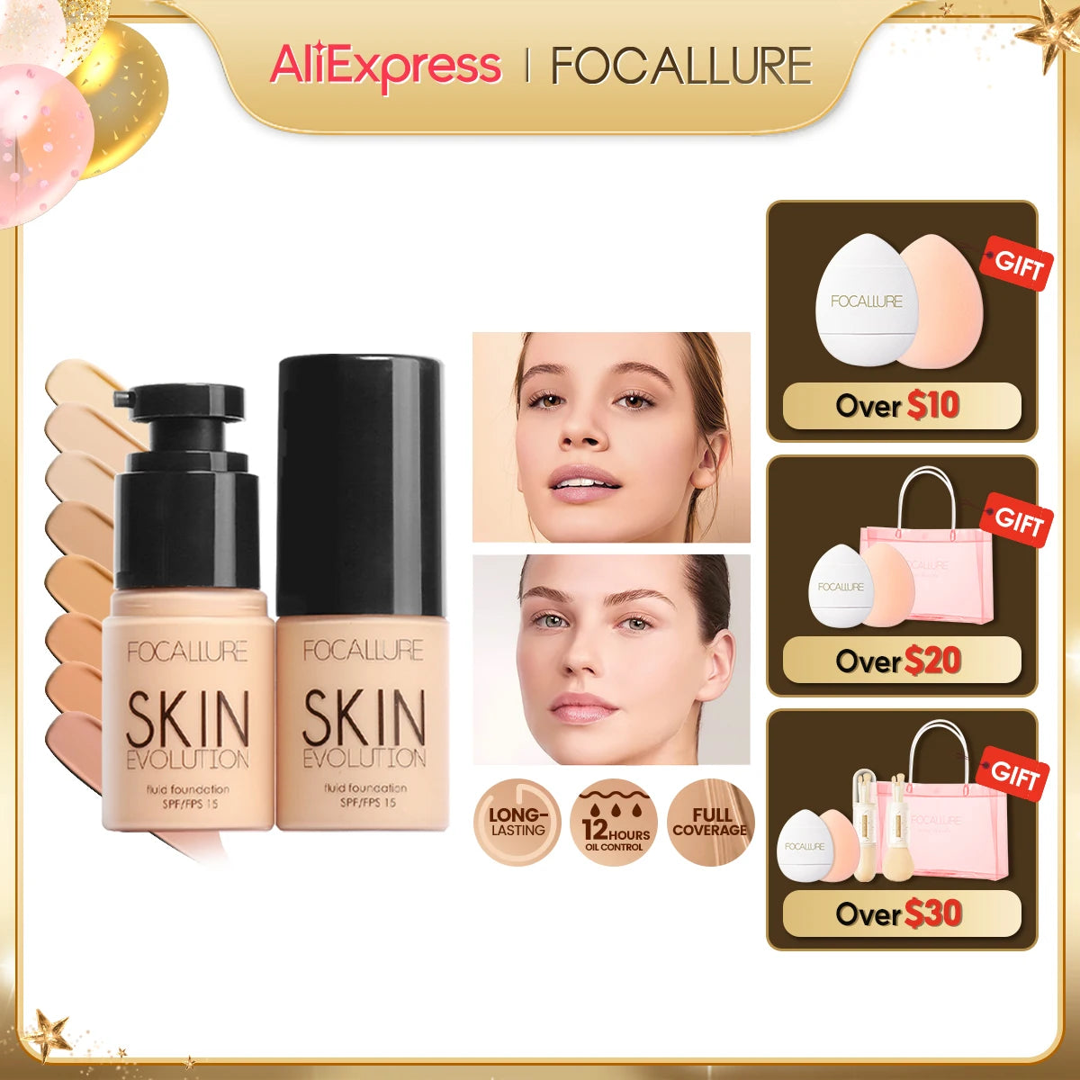 FOCALLURE Liquid Foundation Full Coverage Concealer Waterproof Whitening Cream Face Makeup Cosmetics for Women
