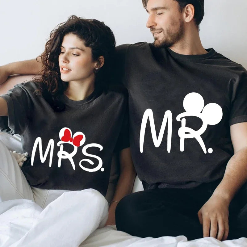 Camiseta de manga corta con estampado de ratón y dibujos animados de Mr. Mrs para parejas, camiseta de verano con estampado de letras, camiseta informal holgada para amantes, camiseta unisex
