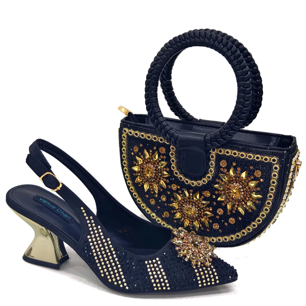 zapatos italianos para mujer y bolso, conjunto de Color fucsia, tacones altos cómodos con diamantes de imitación