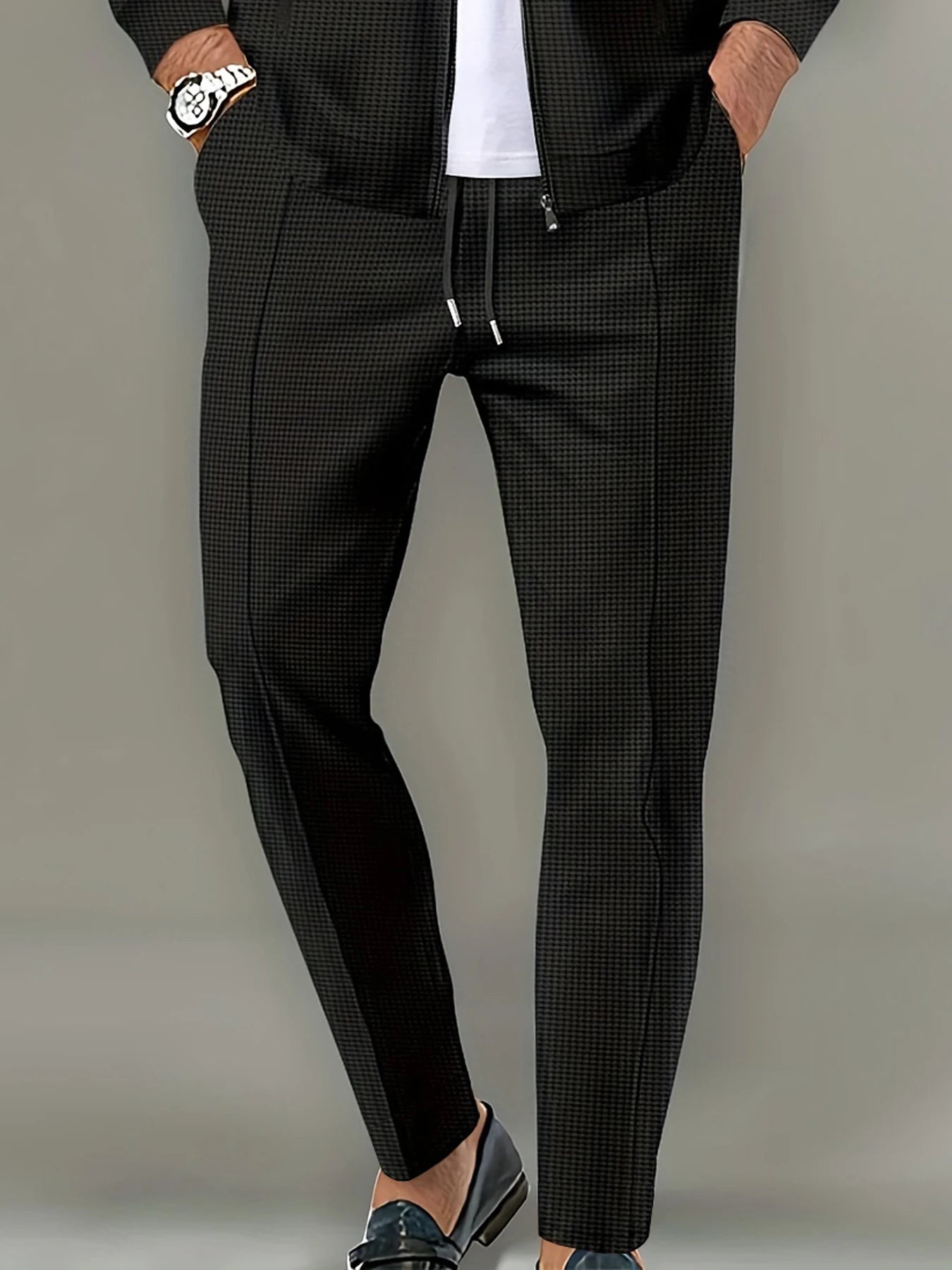 Pantalones largos de tela tipo gofre de tiro medio para hombre, pantalones elegantes y ligeros, adecuados para todas las estaciones
