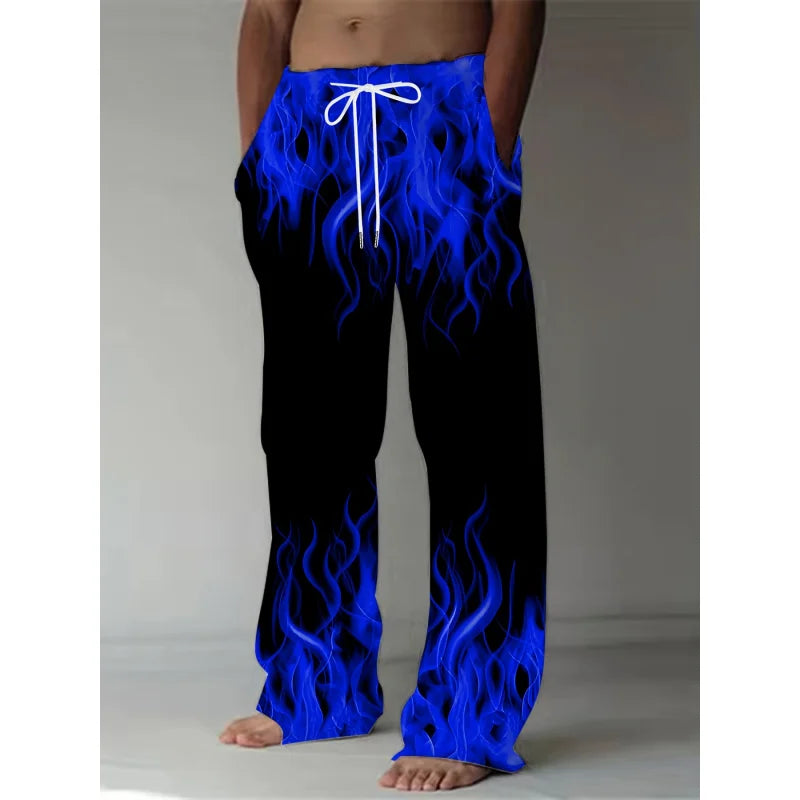 Pantalones de moda de verano para hombre, pantalones de pierna recta con estampado de llamas Retro informales, pantalones holgados con cordón como regalo