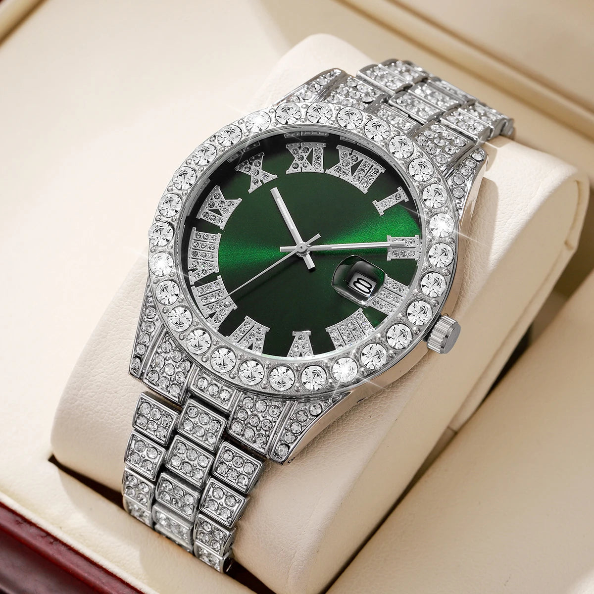 Reloj de pulsera de cuarzo para hombre, de acero inoxidable, con diamantes, calendario y fecha.