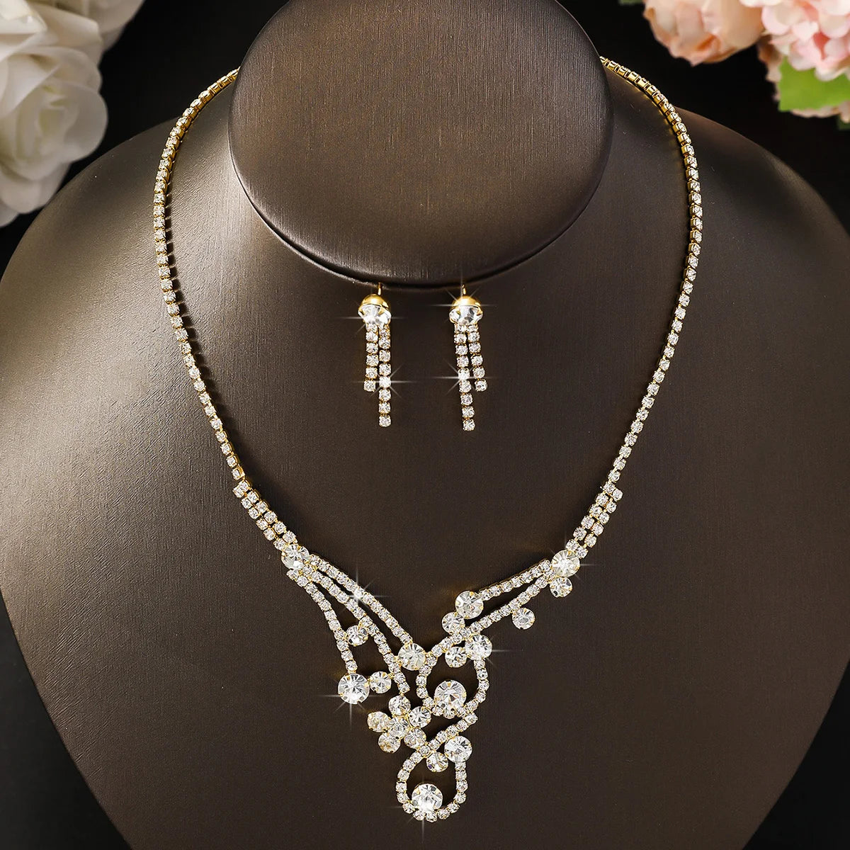 Conjunto de 3 piezas de collar y pendientes con diamantes de imitación para mujer