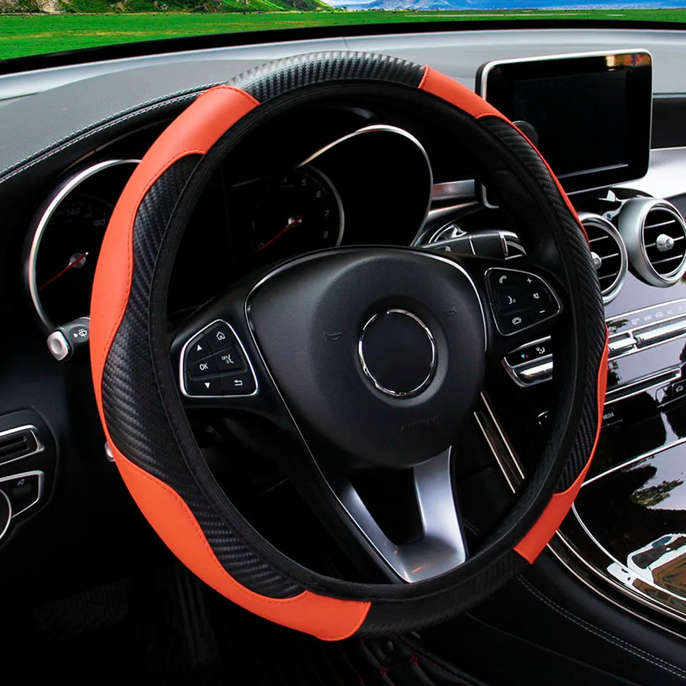 Funda para volante de coche de cuero de fibra de carbono PU sin anillo interior, apta para accesorios de automoción de 14,5 a 15 pulgadas