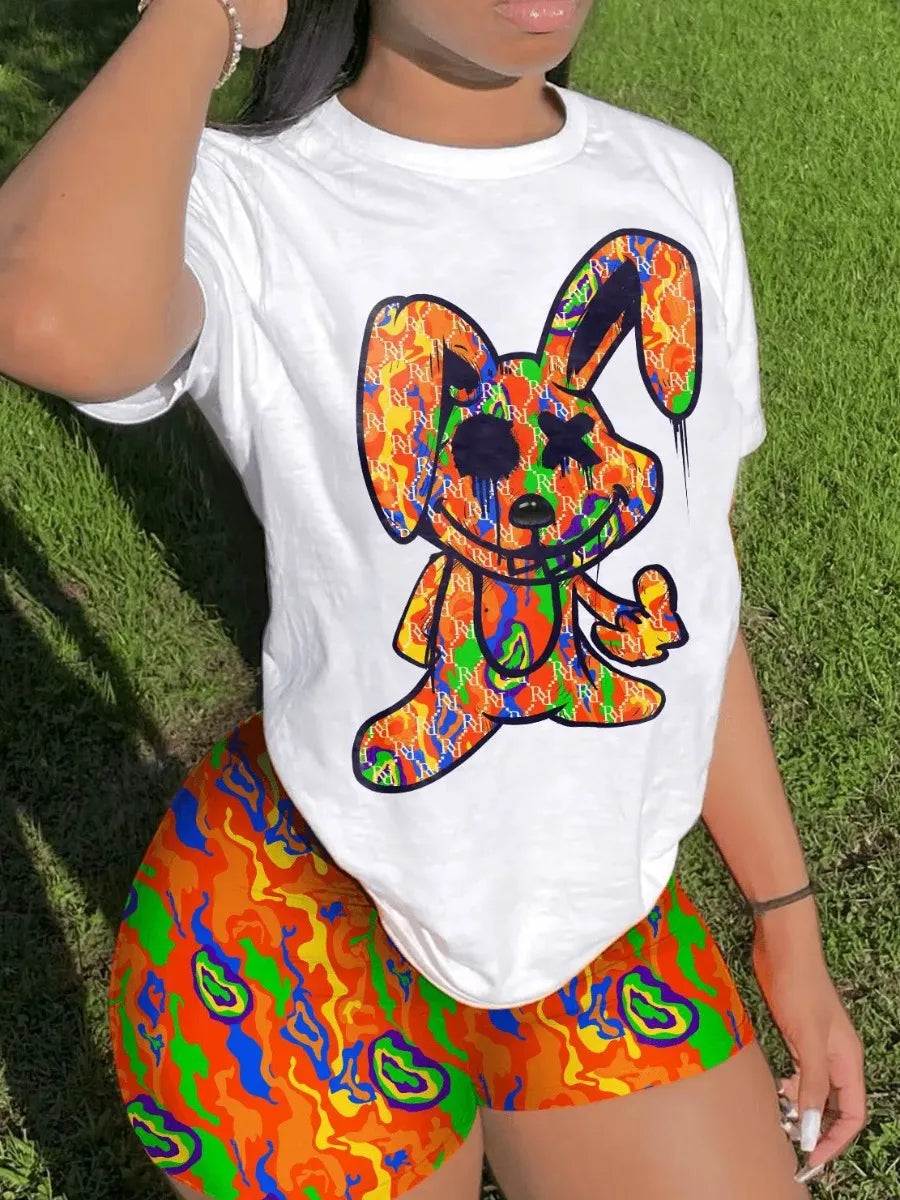 Conjunto informal de camiseta y pantalones cortos de manga corta para mujer, blusa y pantalones con estampado de dibujos animados y cuello redondo, conjunto de dos piezas para oficina