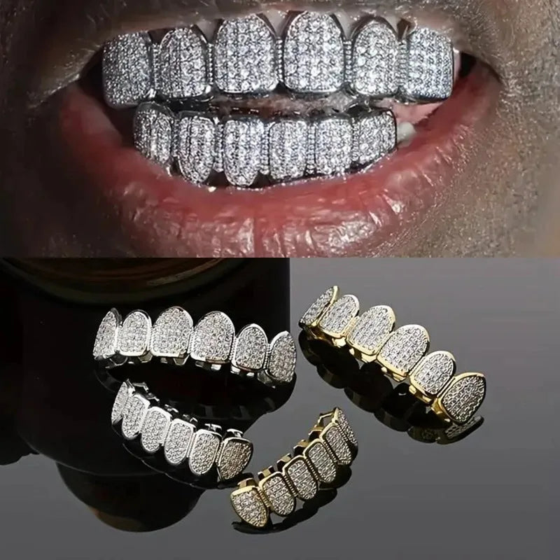 Juego de dientes de circonita cúbica unisex, de color dorado y plateado, con tapa para dientes, extraíble, joyería dental de moda.