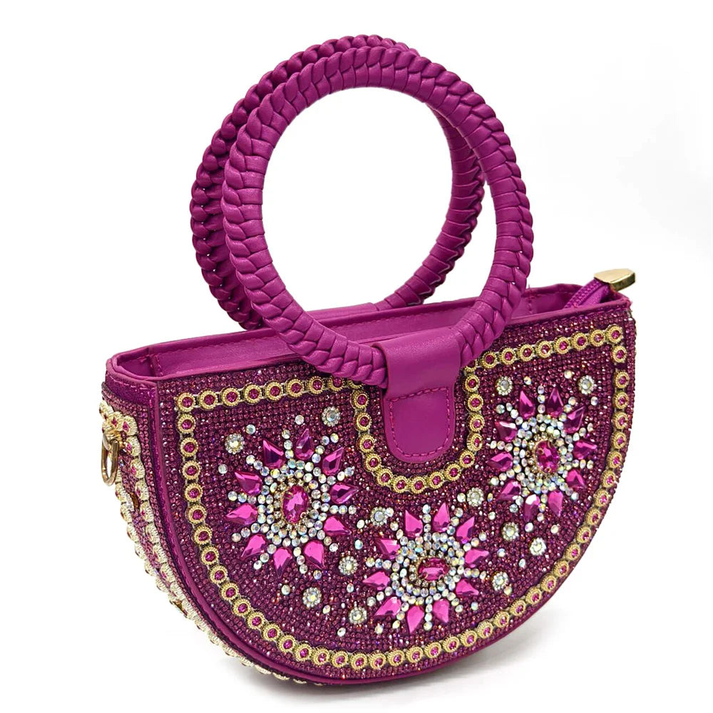 zapatos italianos para mujer y bolso, conjunto de Color fucsia, tacones altos cómodos con diamantes de imitación