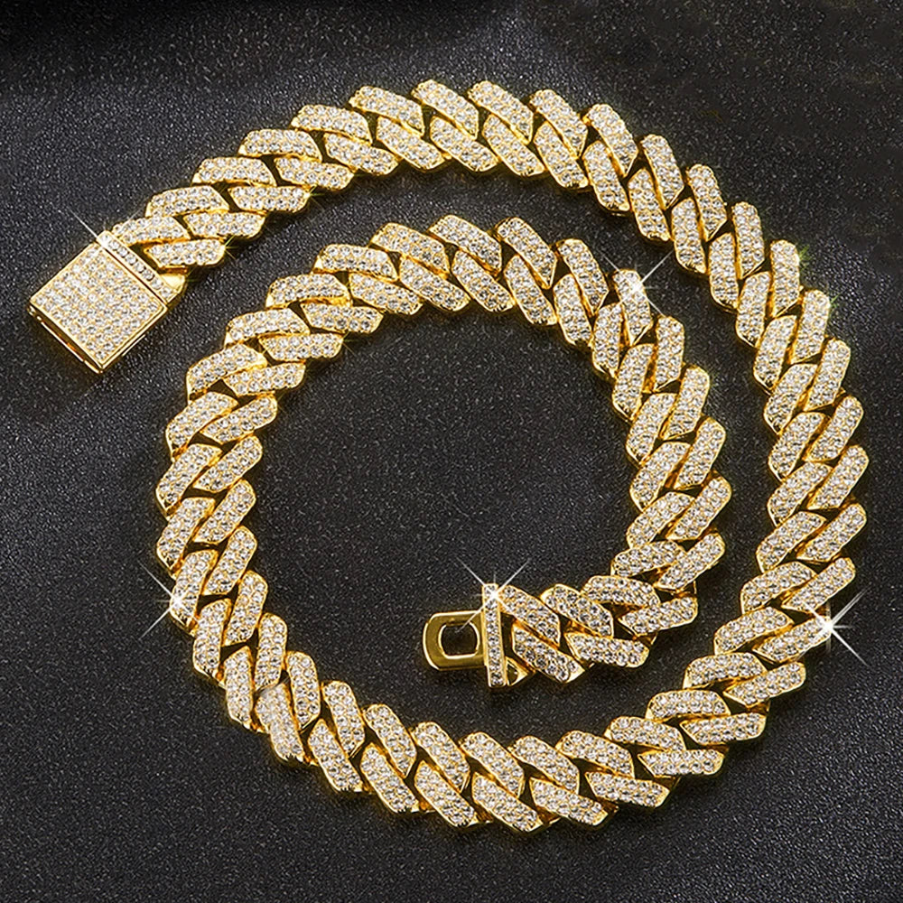 Collar de cadena de eslabones cubanos de 15 mm con diamantes de imitación brillantes de estilo para hombre y mujer, joyería punk de color plateado con cadena cubana, regalo