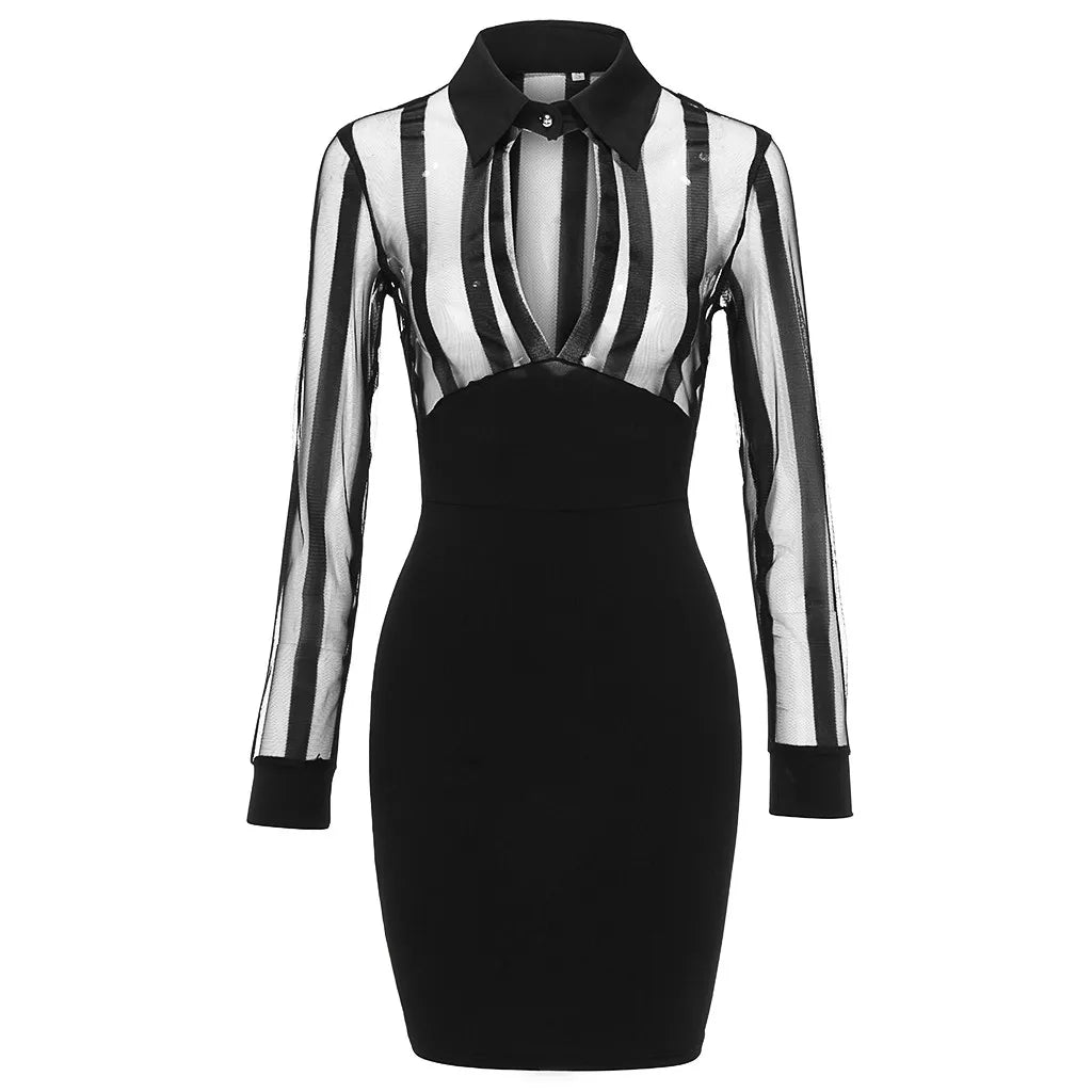Vestidos de mujer de moda para mujer, vestido de trabajo informal ajustado con manga larga y rayas transparentes de malla y retazos