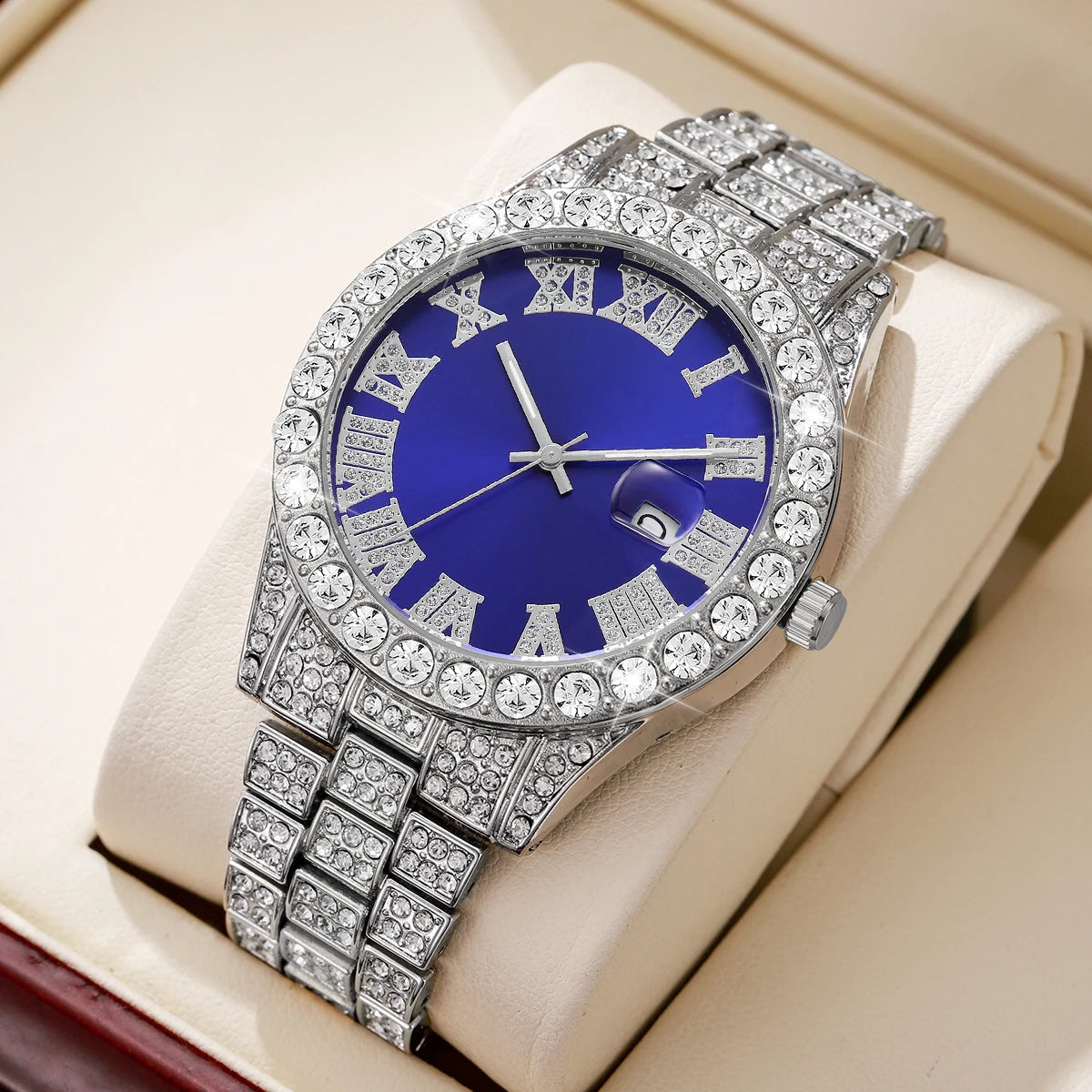 Reloj de pulsera de cuarzo para hombre, de acero inoxidable, con diamantes, calendario y fecha.