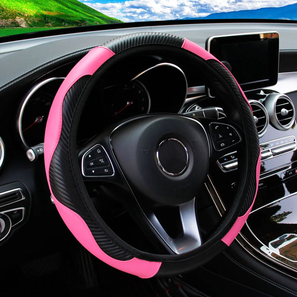 Funda para volante de coche de cuero de fibra de carbono PU sin anillo interior, apta para accesorios de automoción de 14,5 a 15 pulgadas