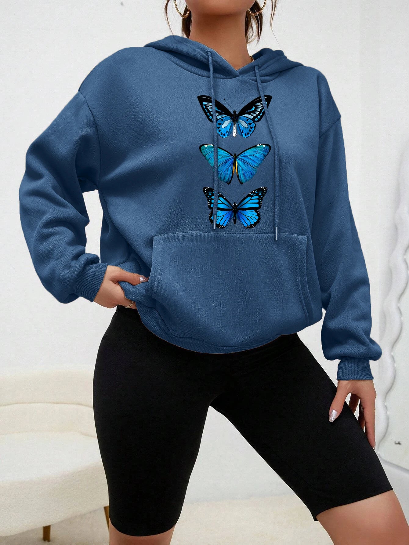 Sudadera con capucha con estampado de mariposa creativa para mujer, sudadera informal de calle, Sudadera con capucha de lana a la moda