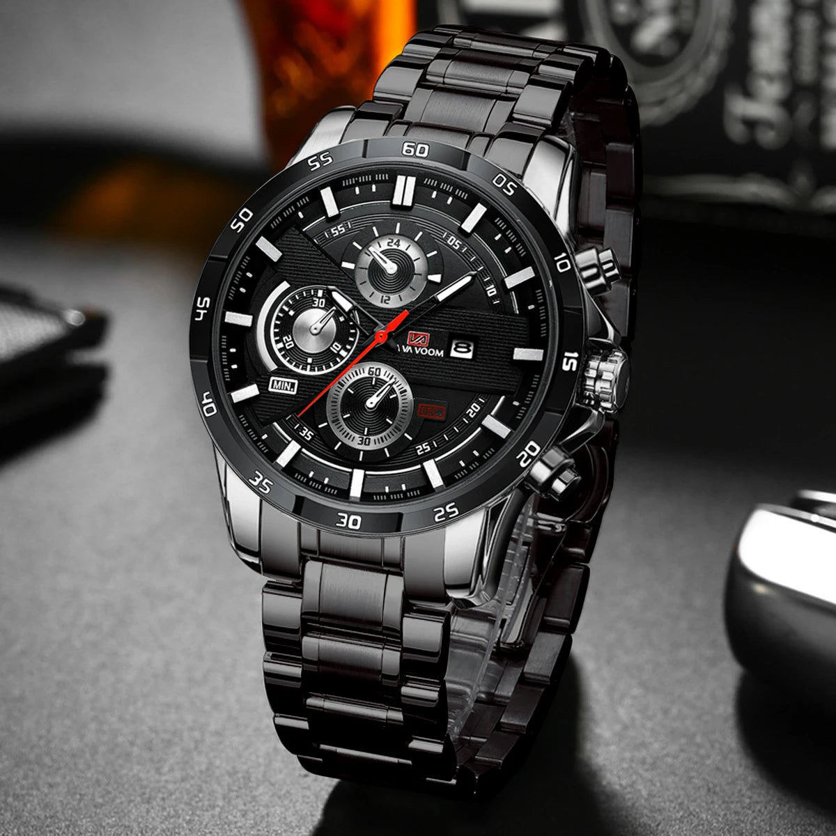 Reloj deportivo para hombre, de cuero, estilo de carreras, informal, de moda, original, negro, oro rosa, calendario, reloj de cuarzo.