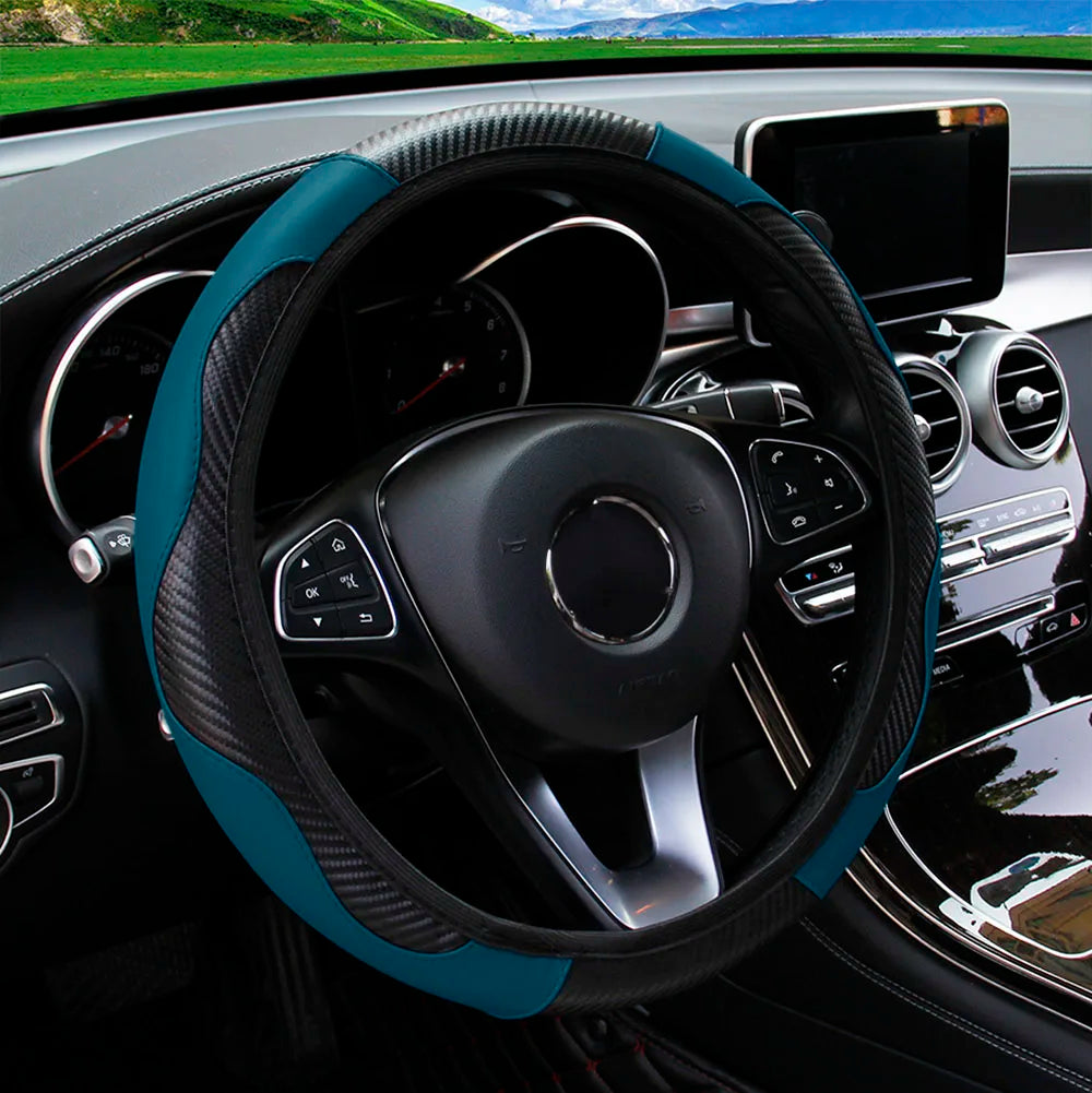 Funda para volante de coche de cuero de fibra de carbono PU sin anillo interior, apta para accesorios de automoción de 14,5 a 15 pulgadas