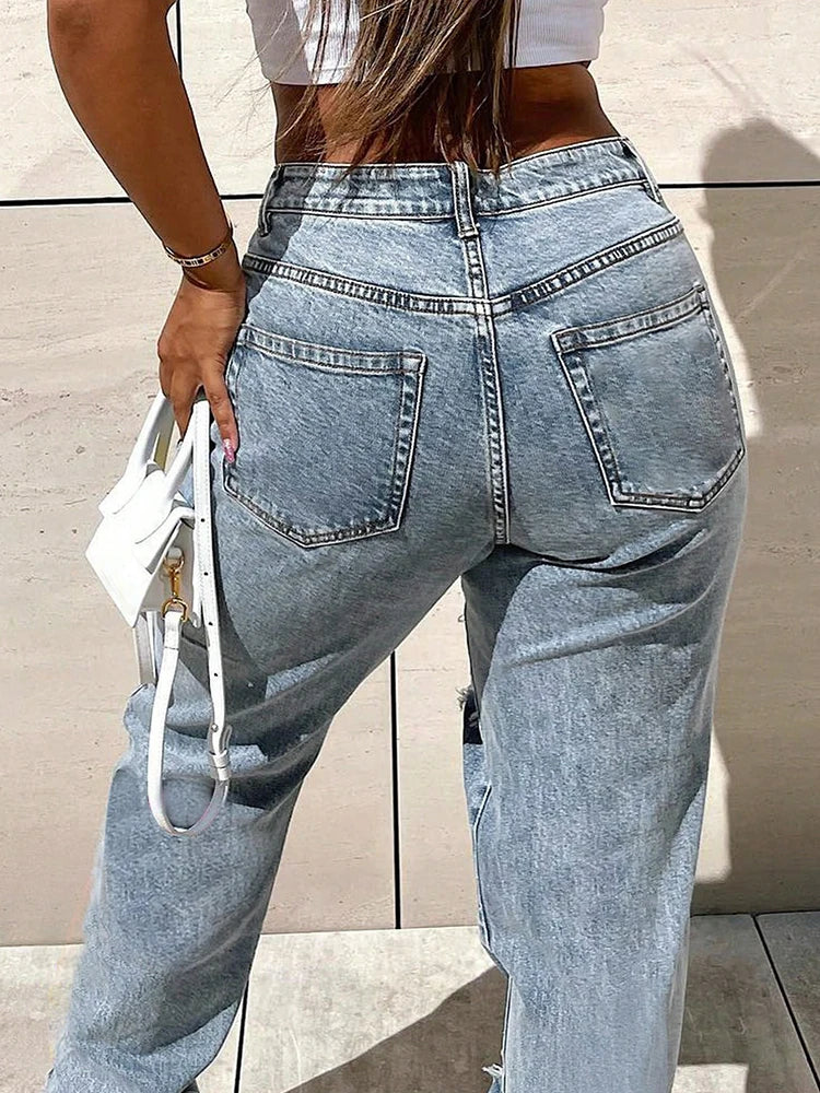 Nuevo diseño de ropa de mujer, pantalones vaqueros con estampado de mariposa, pantalones rectos rasgados, pantalones vaqueros ajustados de cintura alta