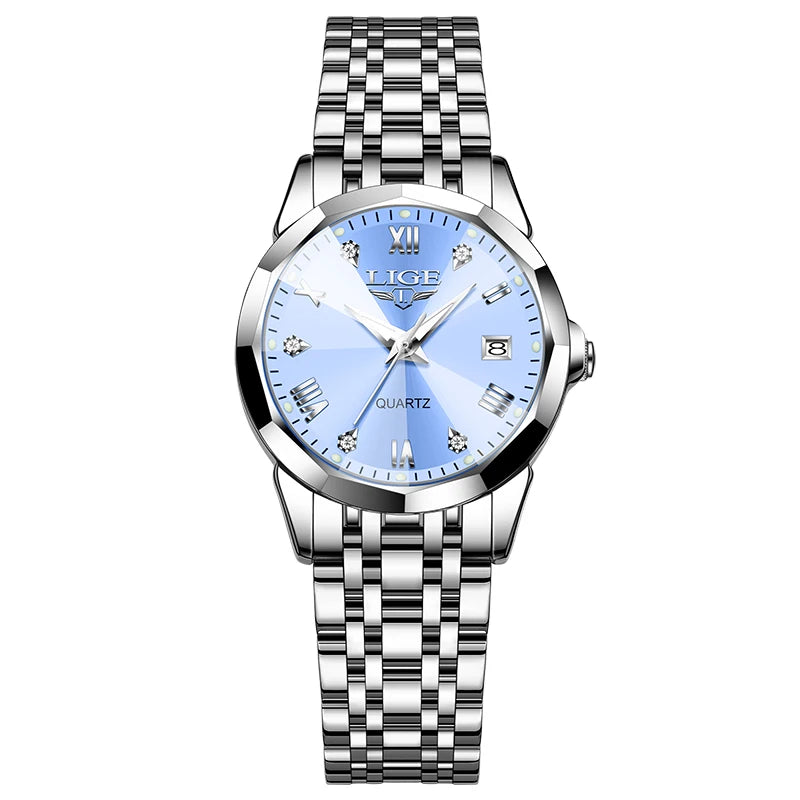 Reloj elegante de lujo para mujer, resistente al agua, luminoso, con fecha, de acero inoxidable, de cuarzo