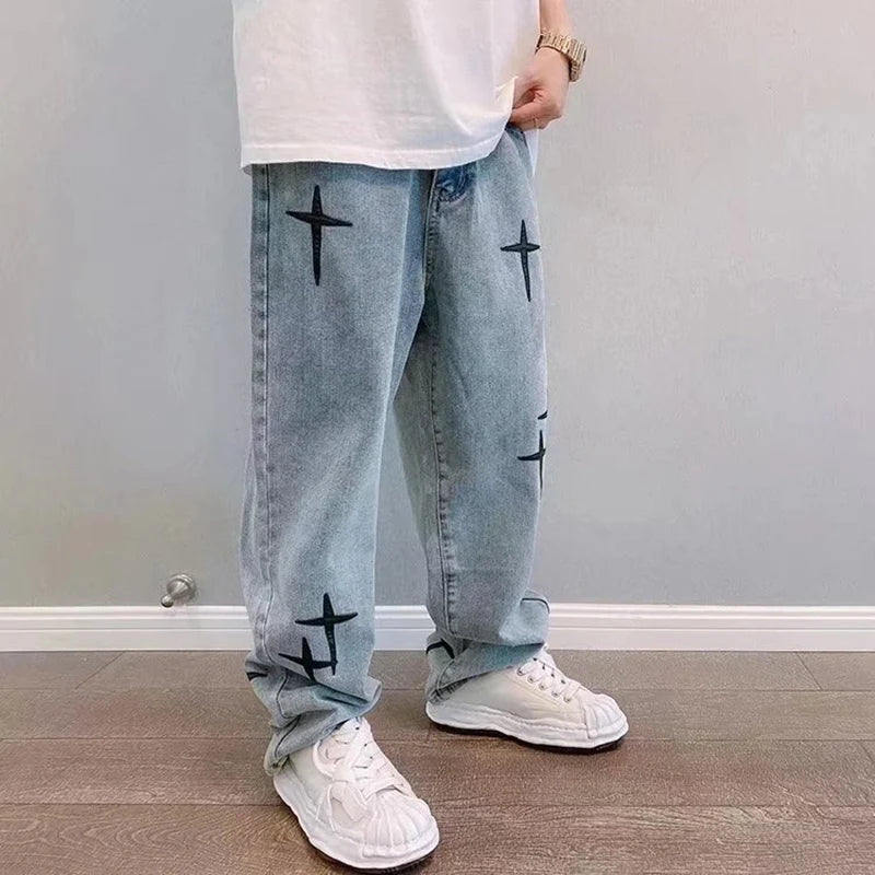 Pantalones Cargo de holgados informales rectos a la moda Vintage para novio, pantalones vaqueros con estampado de estrellas para hombre, ropa de calle, pantalones vaqueros de pierna ancha holgados