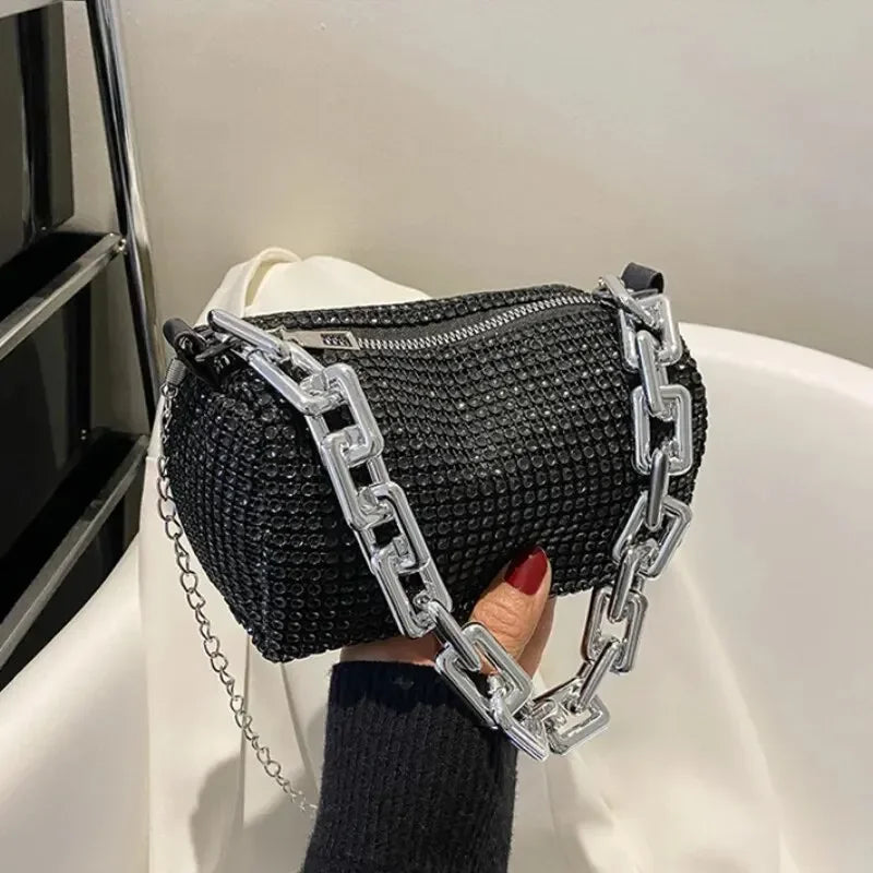 Bolso tipo cubo con diamantes de imitación, bolso de fiesta con cadena brillante, mini bolso cruzado para mujer