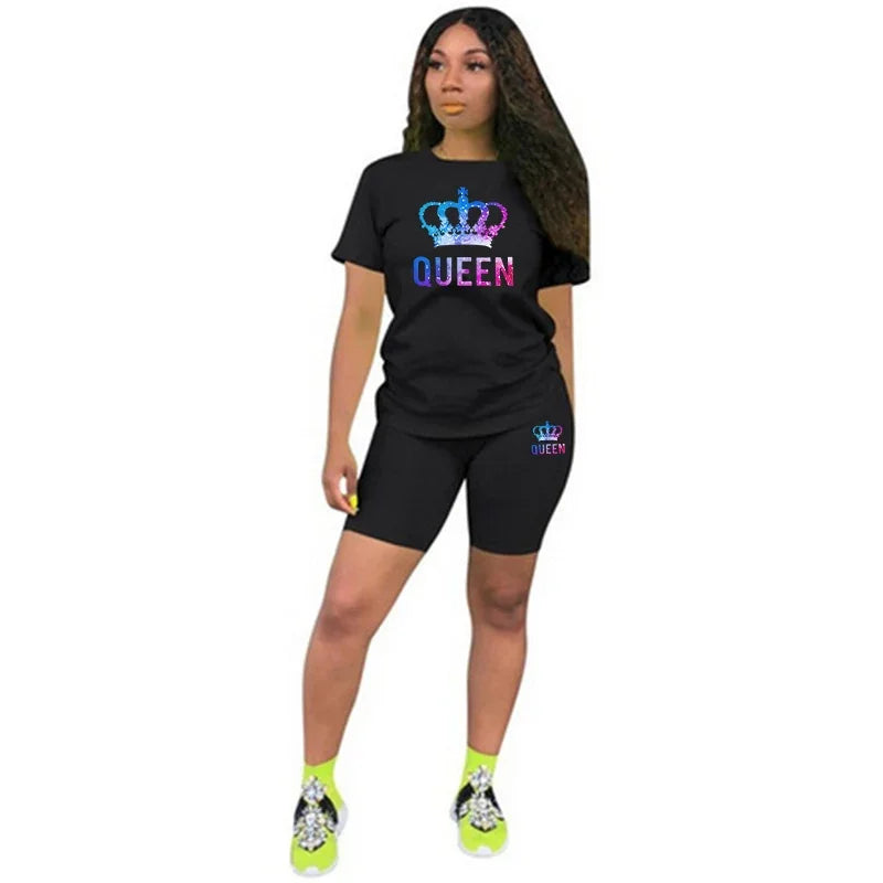 Conjunto deportivo de dos piezas con estampado Queen de colores para mujer, camiseta y pantalones cortos, estilo casual, para correr, de lujo, para viajes de verano.