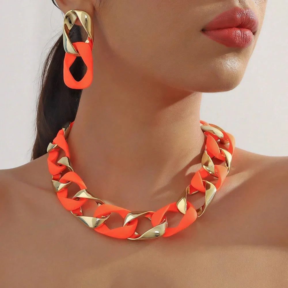Nuevo conjunto de moda Icon collar y pendientes de acrílico fluorescente CCB empalmados para mujer, joyería para el cuello