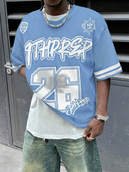 Camiseta de manga corta de malla con estampado gráfico de letras y hombros caídos